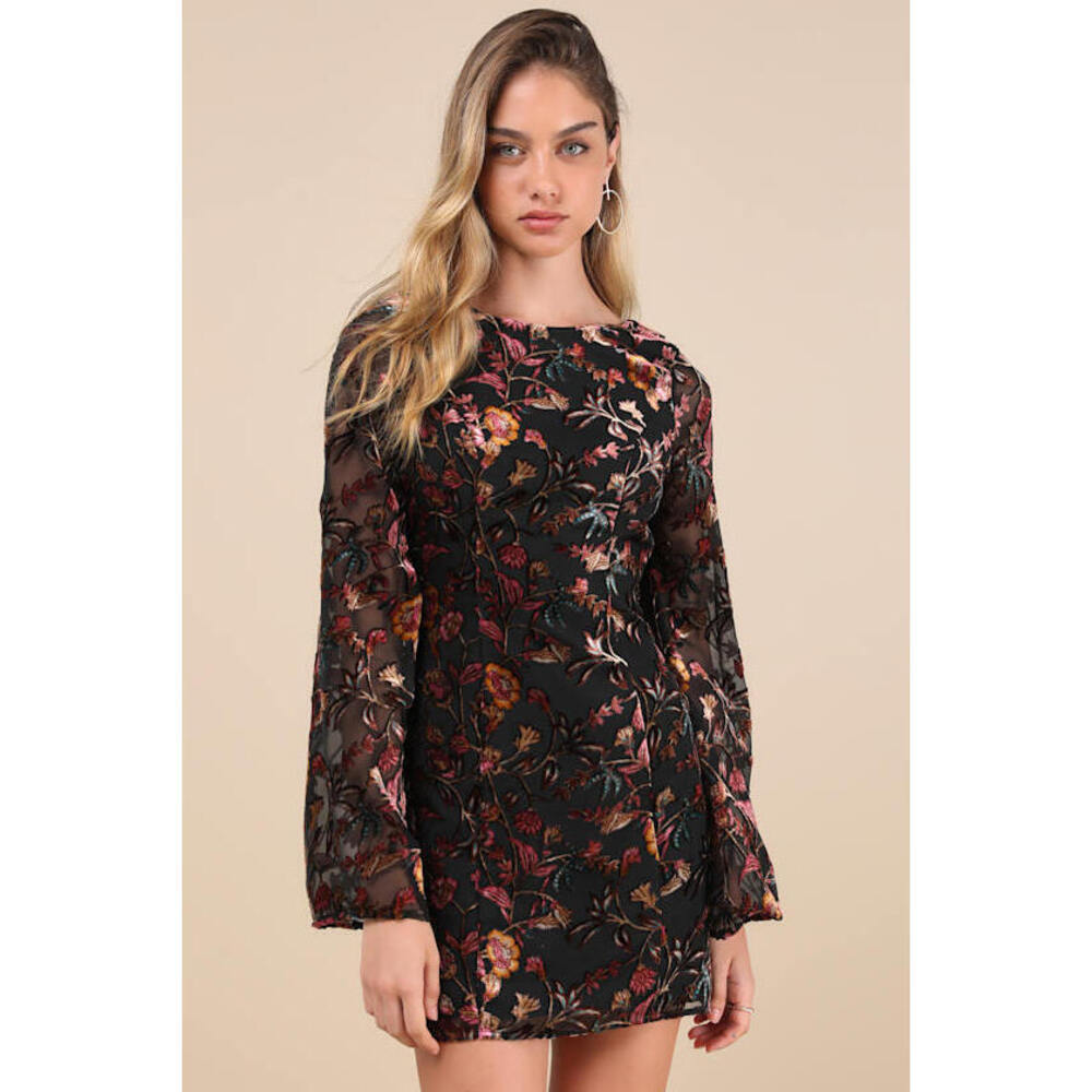 Lulus Charismatic Influence Black Burnout Velvet Cowl Back Mini Dress - Size L